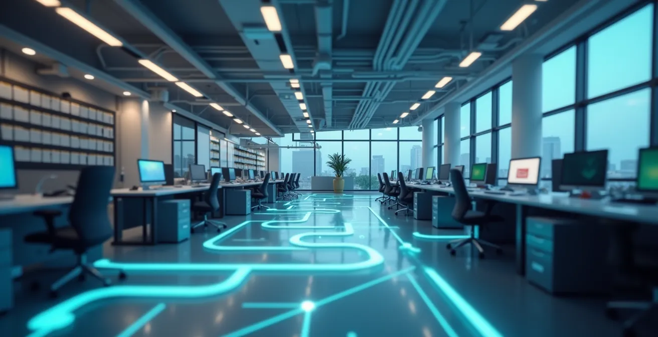 Gestion efficace des consommables informatiques en entreprise symbolisée par une chaîne logistique fluide