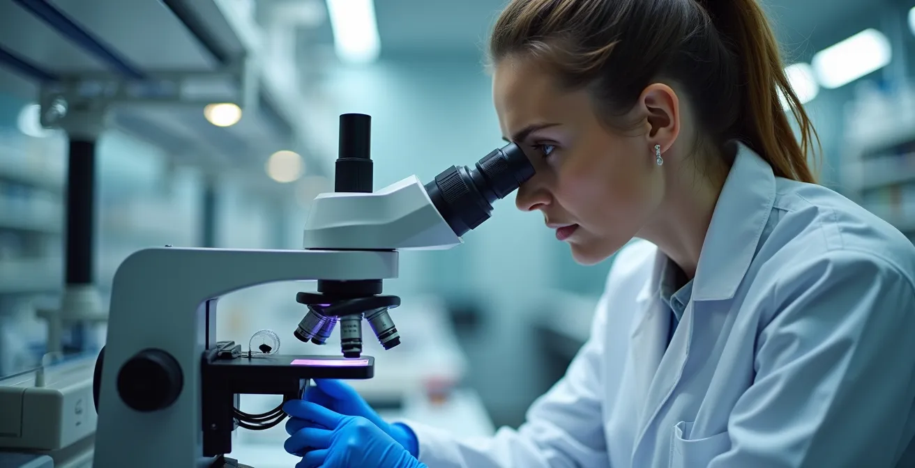 Technicien de laboratoire analysant des cartouches d'encre dans un environnement professionnel