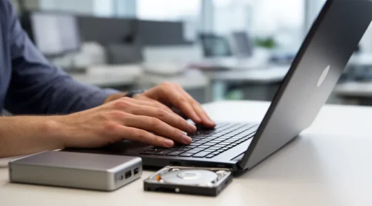 Espace de travail professionnel avec disque dur externe posé près d'un ordinateur portable