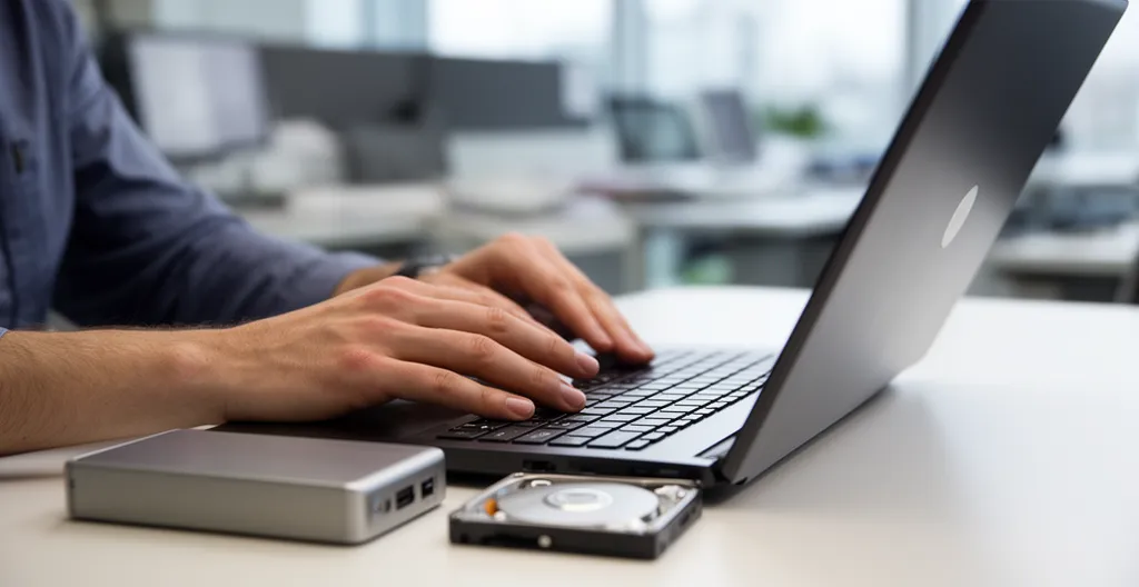 Espace de travail professionnel avec disque dur externe posé près d'un ordinateur portable