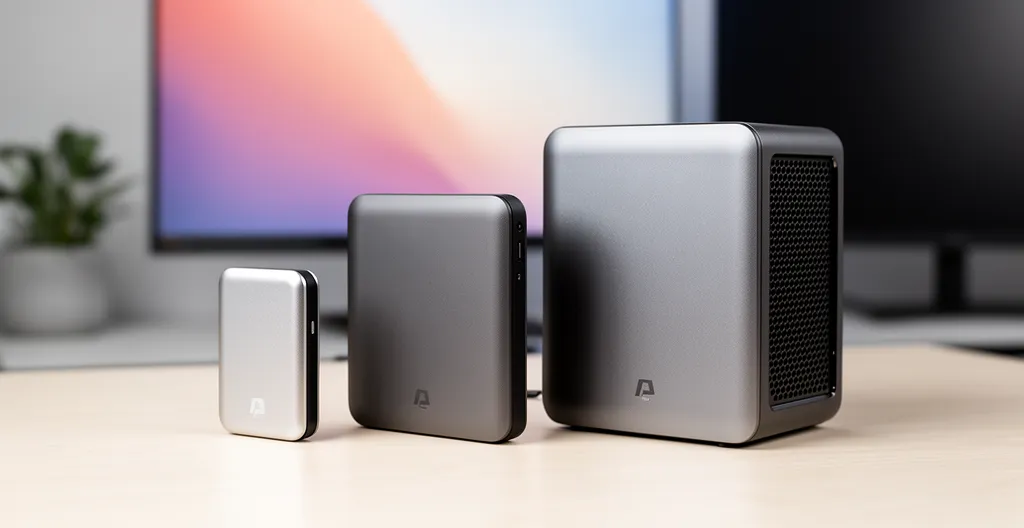 Trois disques durs externes de formats différents posés sur un bureau en bois