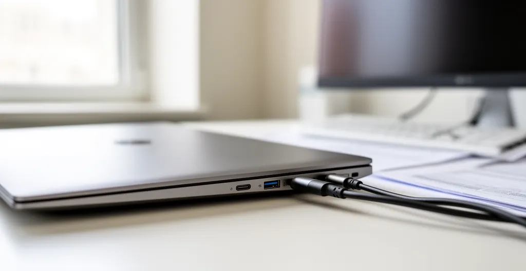 Vue latérale d'un ordinateur portable montrant les différents ports USB disponibles